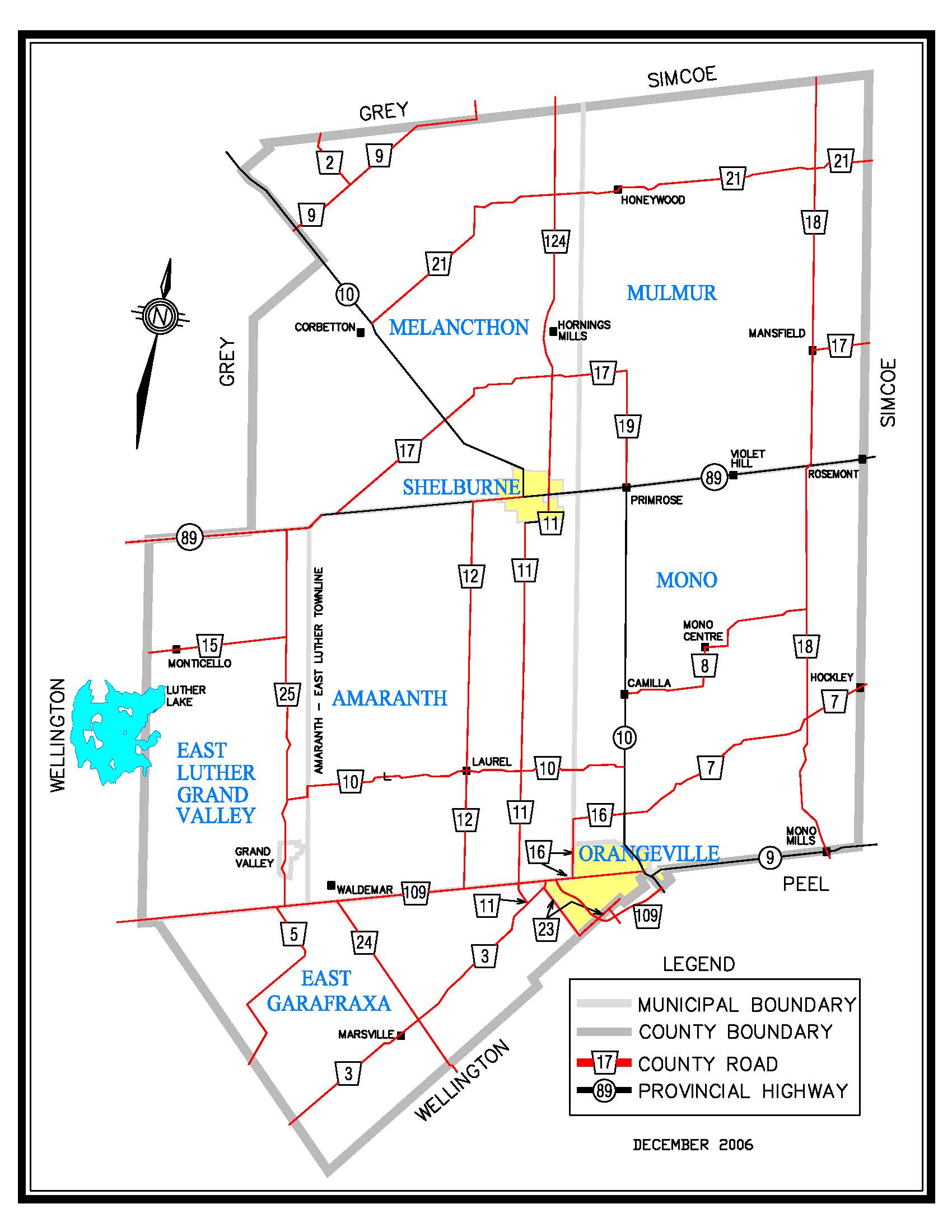 A map of Dufferin County that shows all road construction projects for 2024