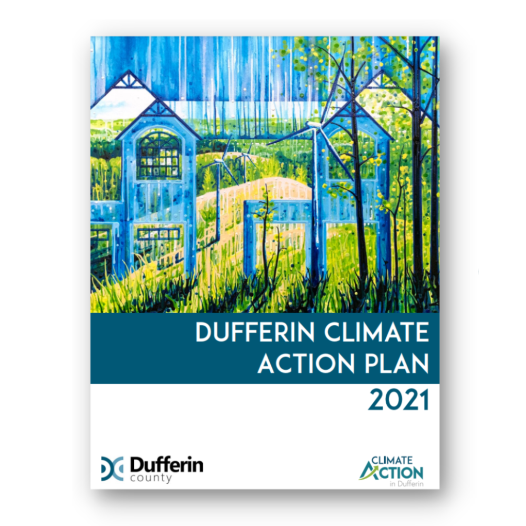 Cover image of the Dufferin Climate Action Plan, featuring an acrylic painting of the Dufferin landscapes with trees, homes, and wind turbines integrated in the rolling hills