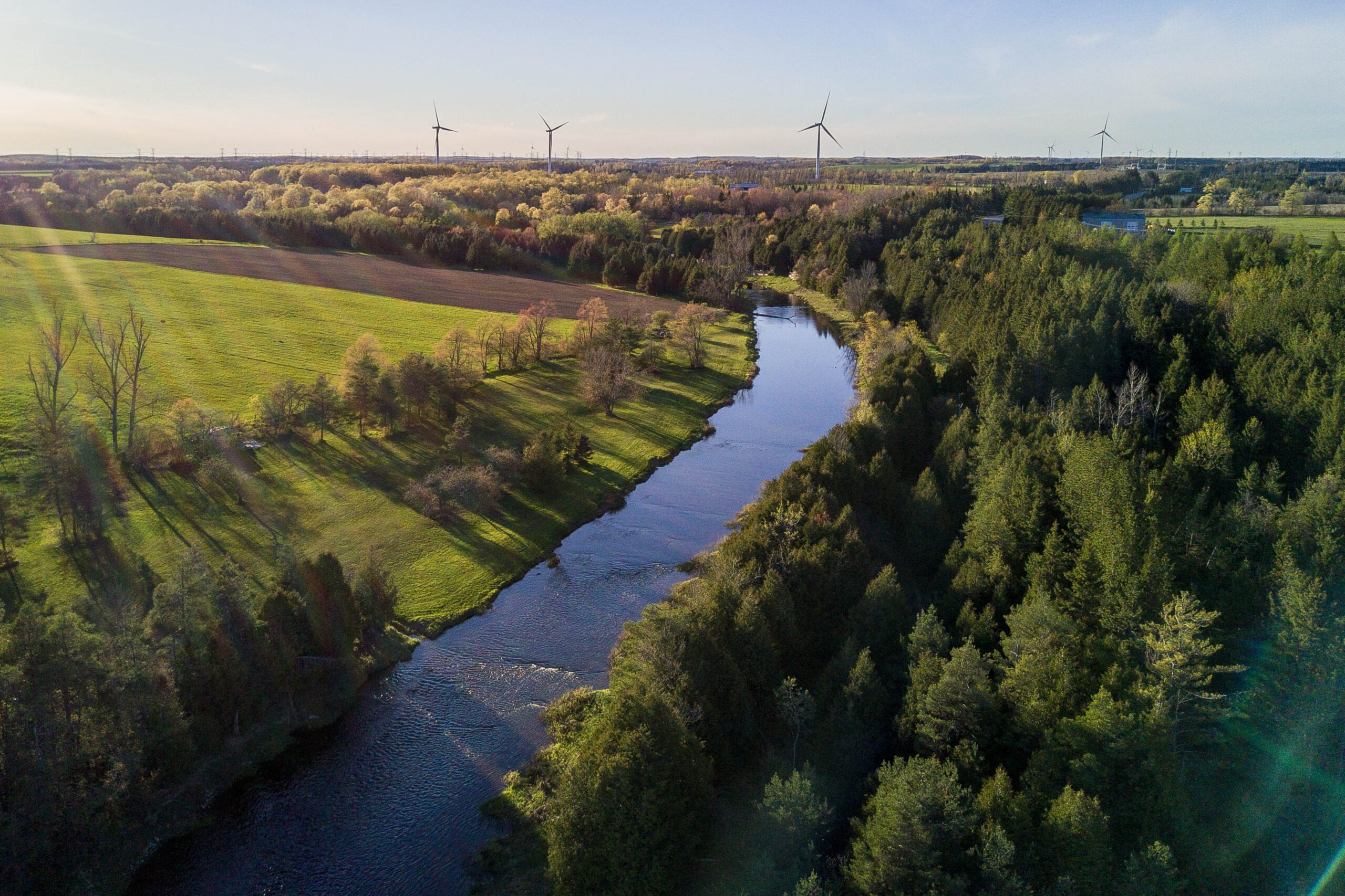 An aerial view of a river and forest, with windmills in the far background