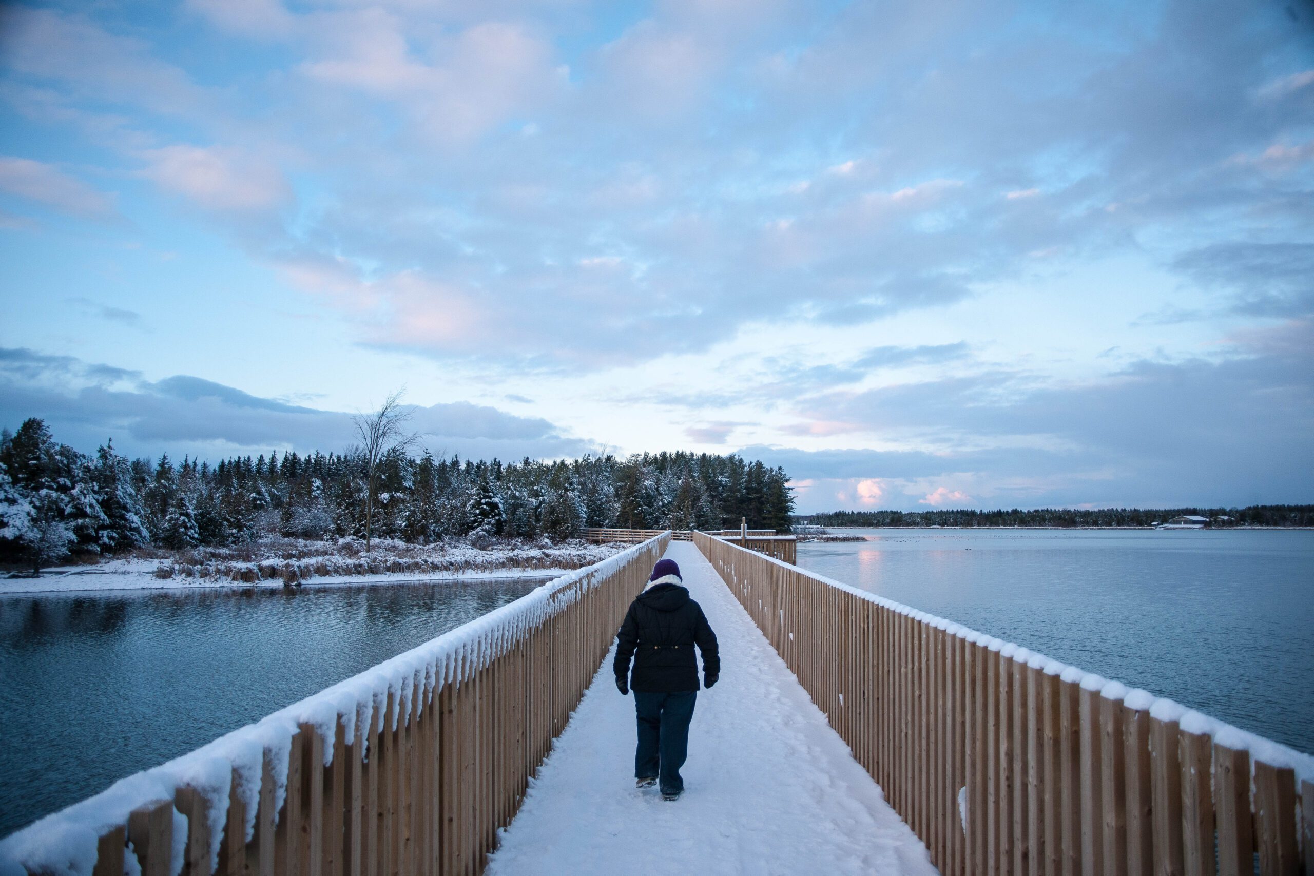 A person walks across the snowy, wooden bridge at Island Lake Conservation Area.