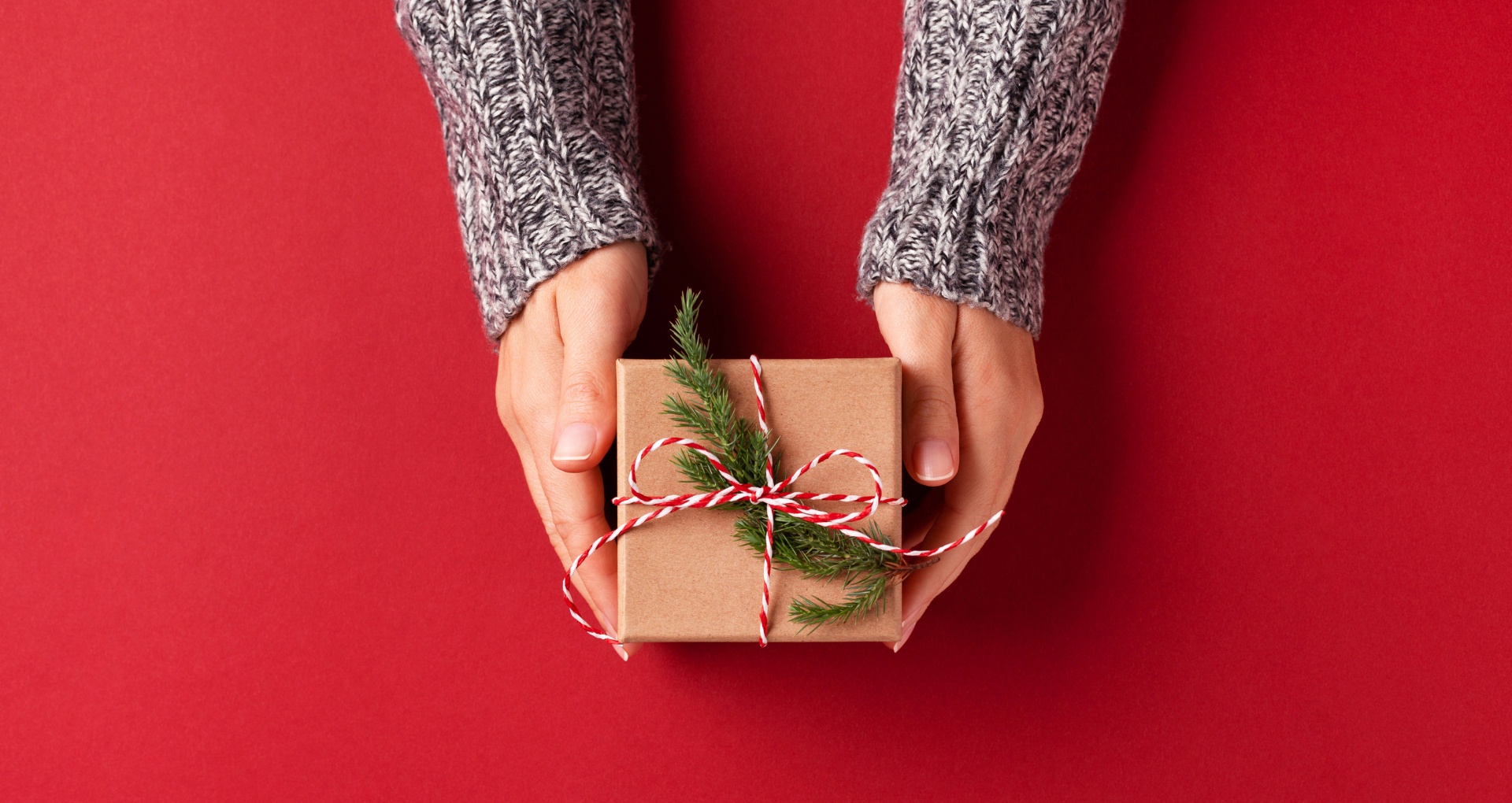 Hands hold a small, wrapped gift in front of a red background